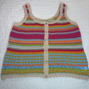 Grace + Karma Womens XL Crochet Striped Knit Button Front Tank Top Boho Trim